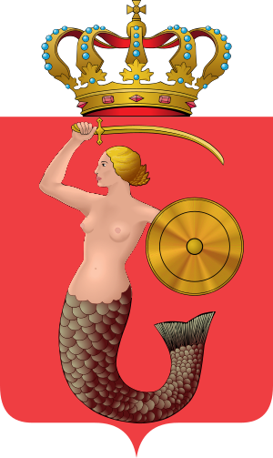 Crowned Mermaid Coat of Arms with Sword and Shield Coat of arms featuring a crowned mermaid holding a sword and shield on a red and black background, symbolizing strength and royalty.