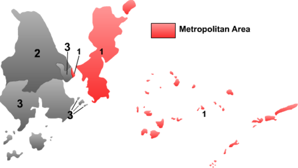 Map showing the distribution of the Danish language across Denmark and its territories with numbered regions and color coding.