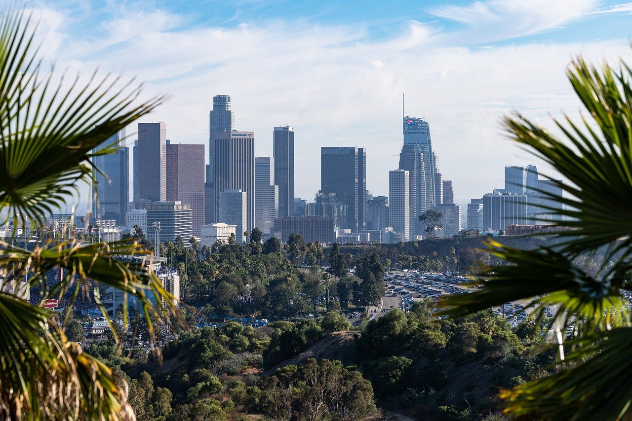 Downtown Los Angeles skyline with tall buildings, palm trees, and clear blue sky in California cityscape
