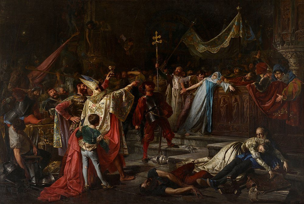 Dramatic medieval scene with knights and clergy Historical painting depicting a dramatic medieval scene with knights, clergy, and distressed figures in a dark, ornate interior