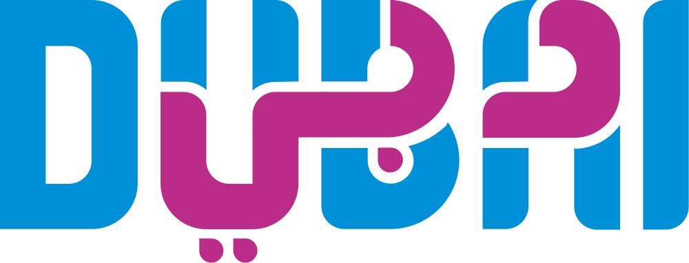 Dubai logo with stylized Arabic and English text in blue and purple colors representing the city of Dubai