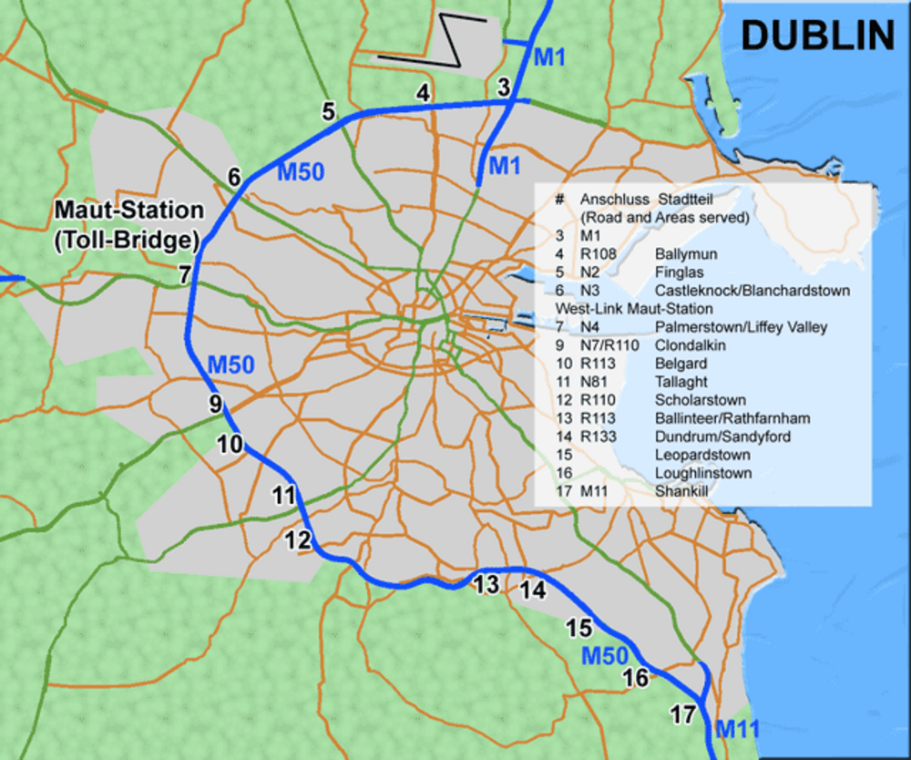 Dublin M50 Motorway Map with Toll Bridge and Connections Map of Dublin showing M50 motorway with toll bridge and key road connections to suburbs and areas served