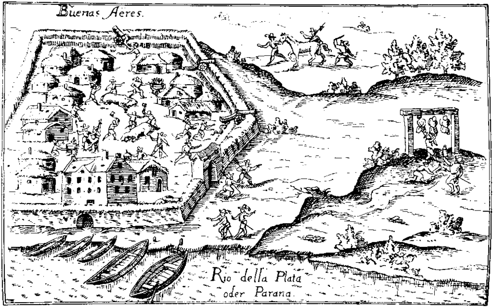 Early Buenos Aires Settlement by Rio de la Plata Historical black and white sketch of early Buenos Aires settlement with fortifications, boats, and indigenous people near Rio de la Plata