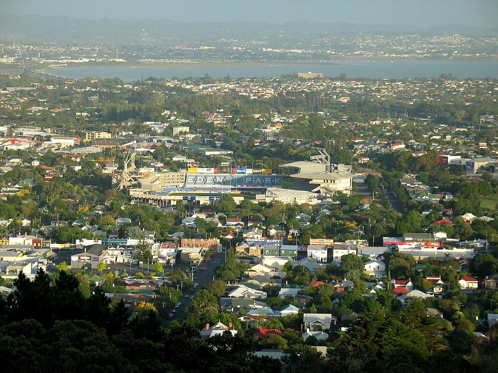 Eden Park stadium aerial view Auckland Aerial view of Eden Park stadium surrounded by residential houses and greenery in Auckland, New Zealand