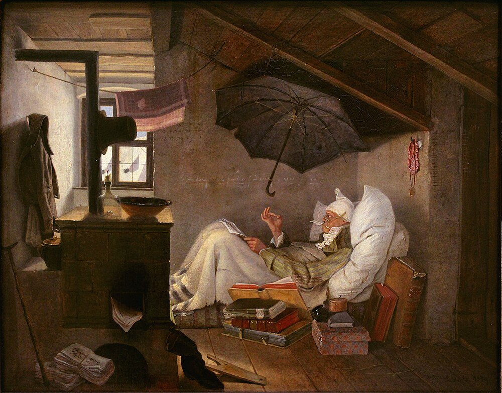 Elderly man resting in attic bed surrounded by books, umbrella, and stove, depicting a cozy, scholarly atmosphere.