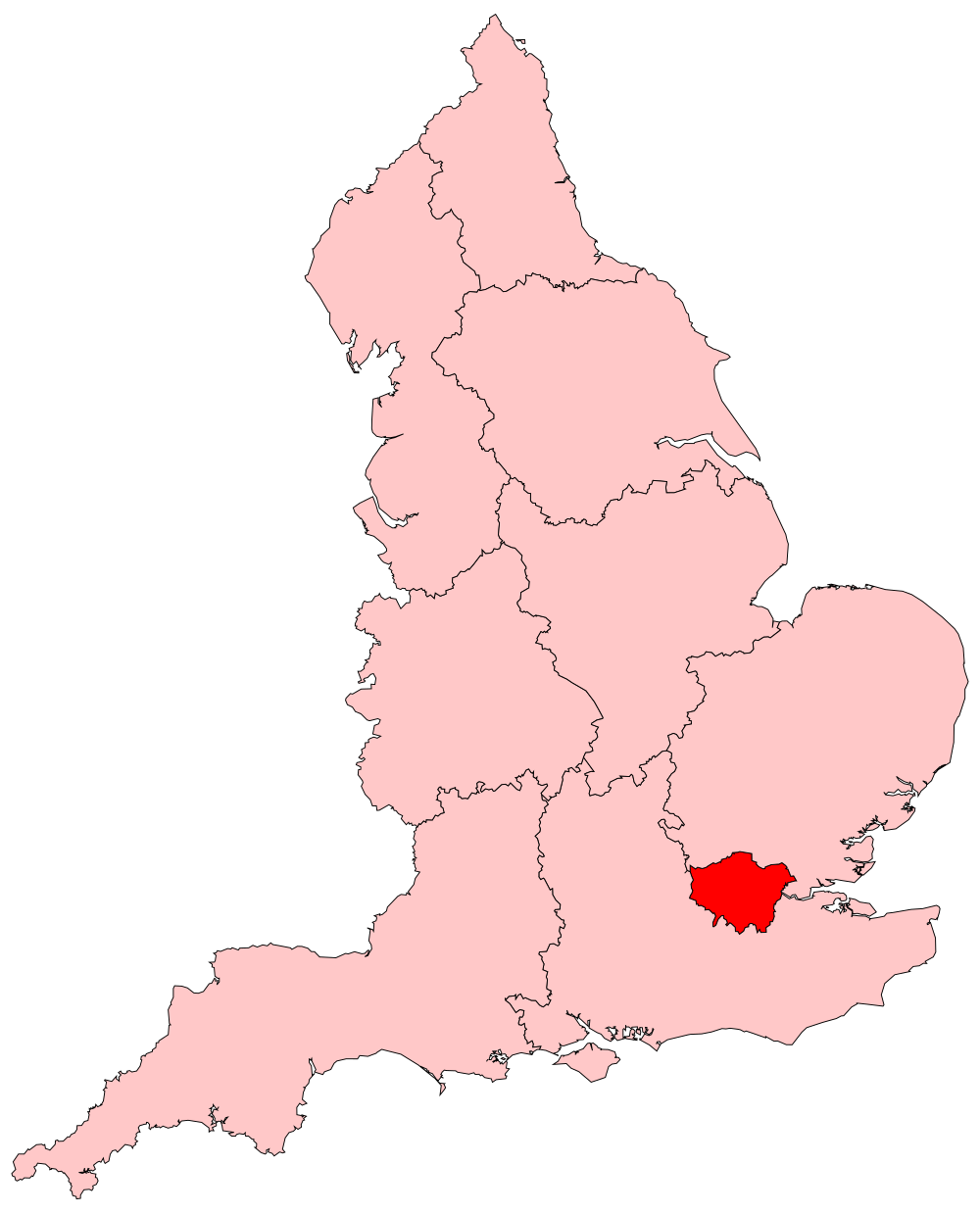 Map of England highlighting Greater London in red among other counties in light pink for regional distinction