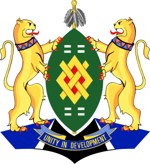 Coat of arms of Eswatini featuring two lions, a traditional shield, spears, and the motto Unity in Development