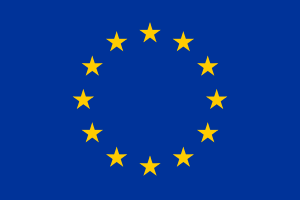 Flag of the European Union with twelve golden stars arranged in a circle on a blue background representing unity.