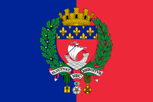 Flag of Paris with ship emblem and fleur-de-lis Flag of Paris featuring a red and blue vertical bicolor with a ship emblem, fleur-de-lis, and laurel wreath symbolizing the city.