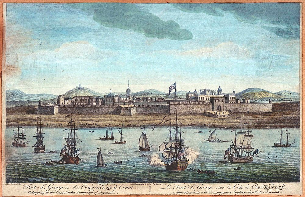 Historic painting of Fort St. George on the Coromandel Coast with British ships in the harbor and a coastal fortification.