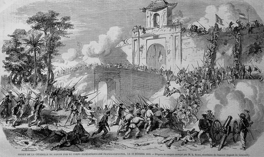 Historical illustration of the Franco-Spanish expeditionary assault on Saigon Citadel on February 17, 1859, showing soldiers attacking.