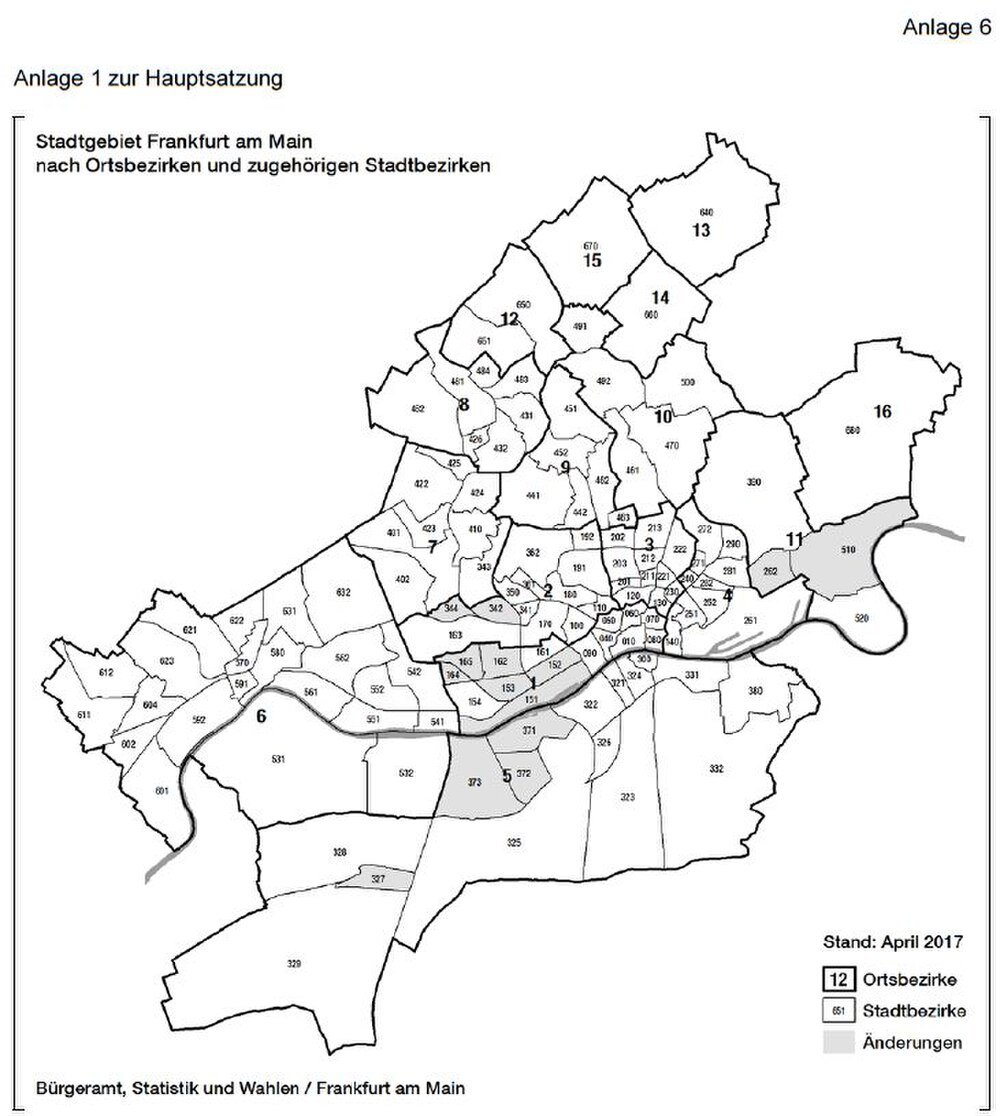 Frankfurt am Main city and district map April 2017 Map of Frankfurt am Main showing 16 districts and their corresponding city districts with boundaries and labels from April 2017