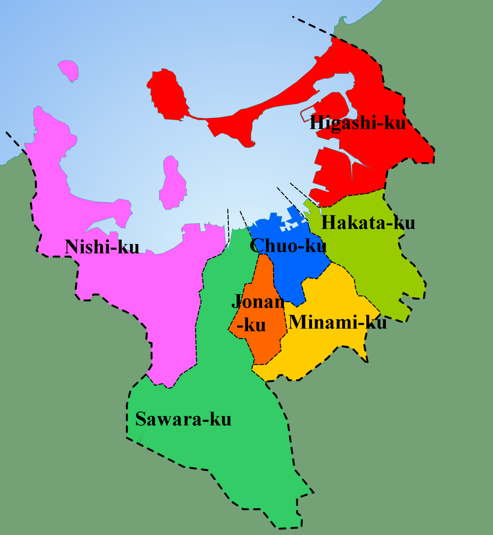 Map of Fukuoka City Wards in Japan Color-coded map showing the seven wards of Fukuoka City, Japan including Higashi-ku, Hakata-ku, Chuo-ku, Minami-ku, Jonan-ku, Sawara-ku, and Nishi-ku.