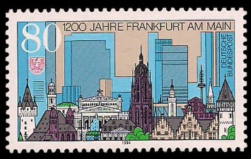 1200 Years Frankfurt am Main German Stamp 1984 German postage stamp celebrating 1200 years of Frankfurt am Main with city skyline and landmarks illustration