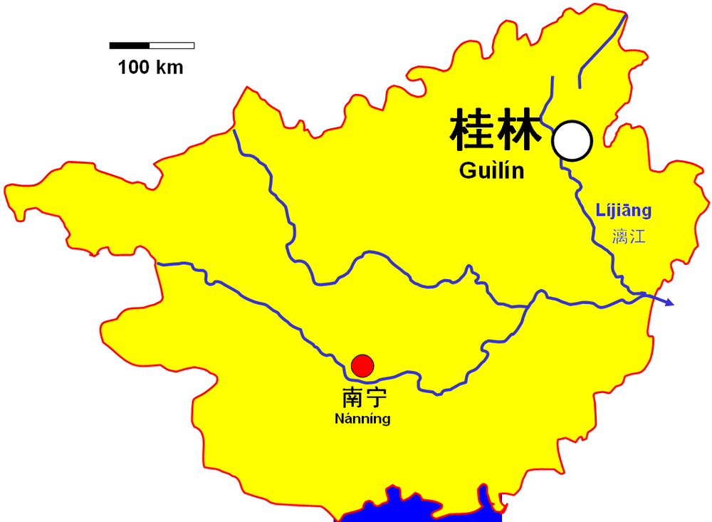 Map of Guangxi with Guilin and Nanning cities Map of Guangxi region in China showing major cities Guilin and Nanning with rivers and scale