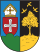 Heraldic coat of arms with lion and cross symbols Coat of arms featuring a red shield with a white cross, a golden lion, and a green hill with a blue background
