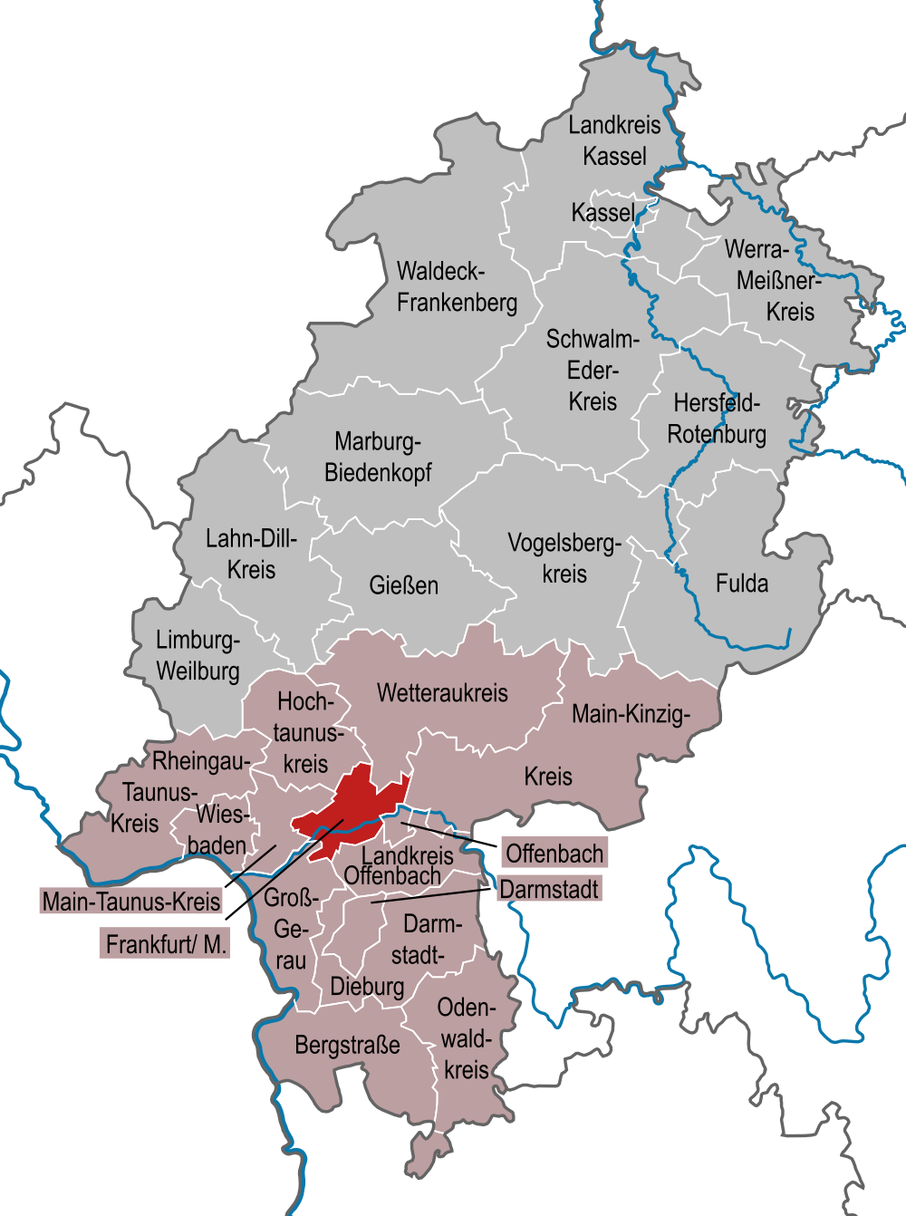 Map of districts in Hesse, Germany highlighting Offenbach and surrounding areas with district names and boundaries