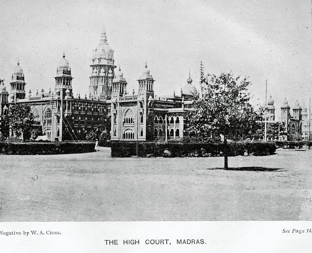 Historic black and white image of The High Court building in Madras showcasing colonial architecture and domed towers.