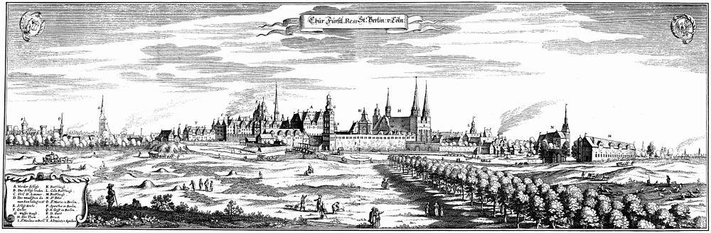 Historic panoramic engraving of Berlin cityscape Historic black and white panoramic engraving of Berlin cityscape with detailed buildings and people in foreground