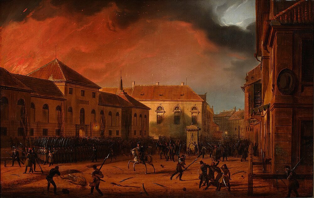 Historic painting depicting a city street scene with soldiers, a gallows, and a fiery red sky at dusk