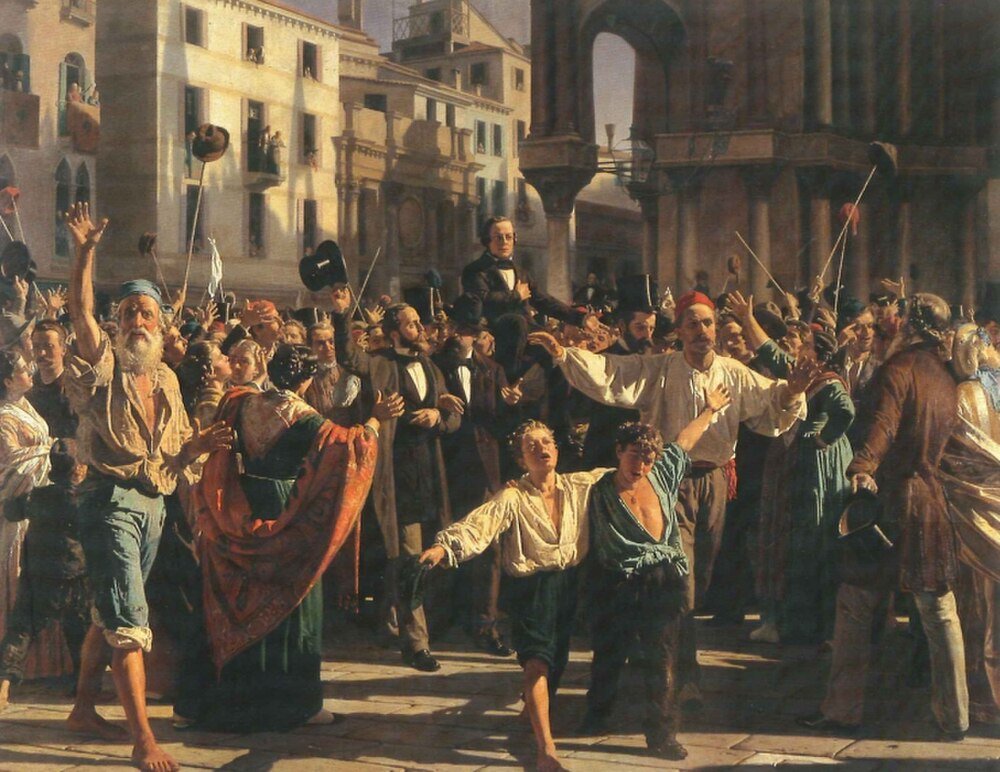 19th Century European Town Square Crowd Scene Historic painting of a lively crowd in 19th century European town square with expressive gestures and period clothing