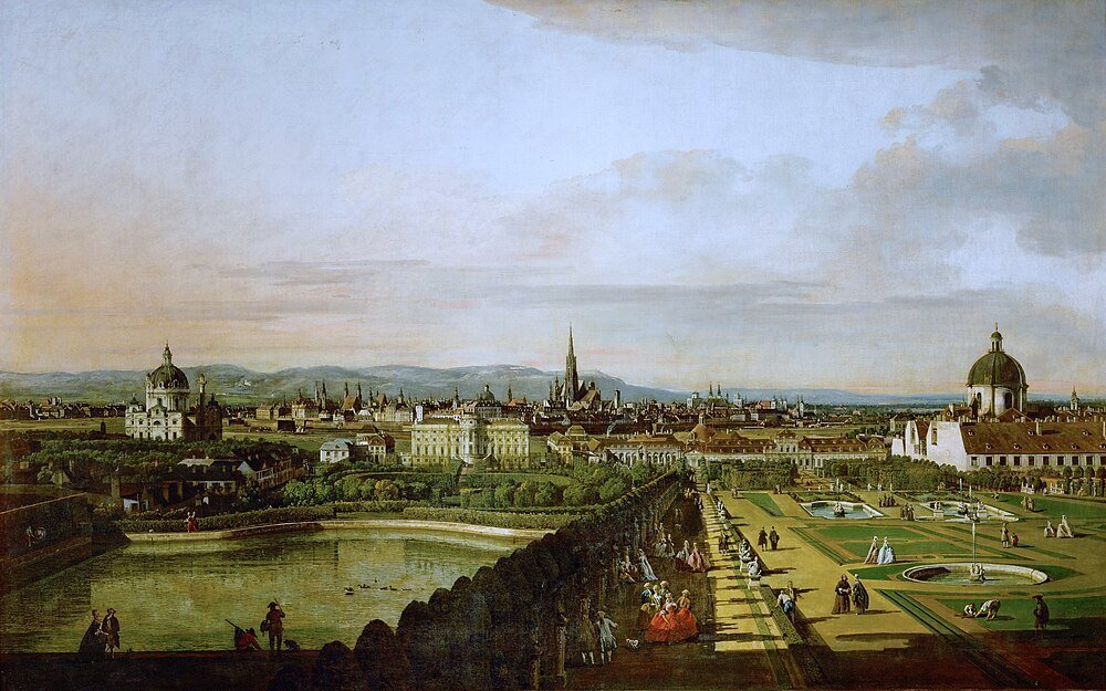 Panoramic view of historic European city with classical architecture, gardens, fountains, and people in period clothing