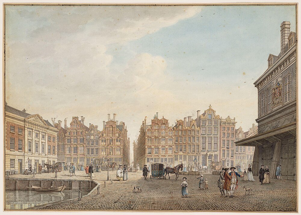 18th-century European city square with carriages Historic European city square with cobblestone streets, horse-drawn carriages, and classic 18th-century architecture under a cloudy sky.