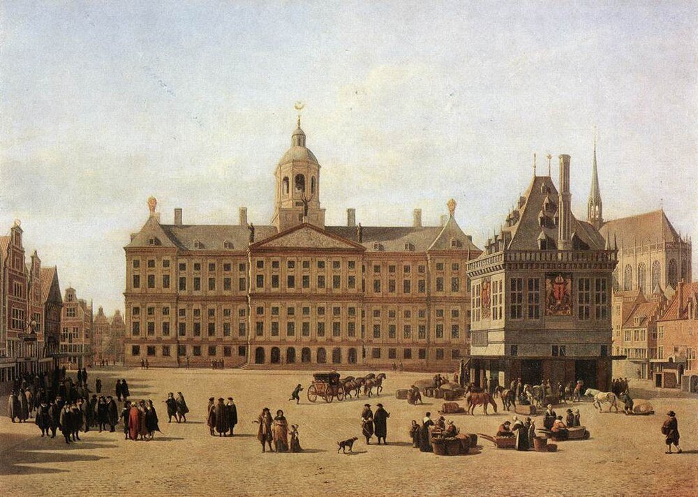 Historic European city square with classical architecture Historic European city square with large classical buildings, people in period clothing, horse carriages, and market activity