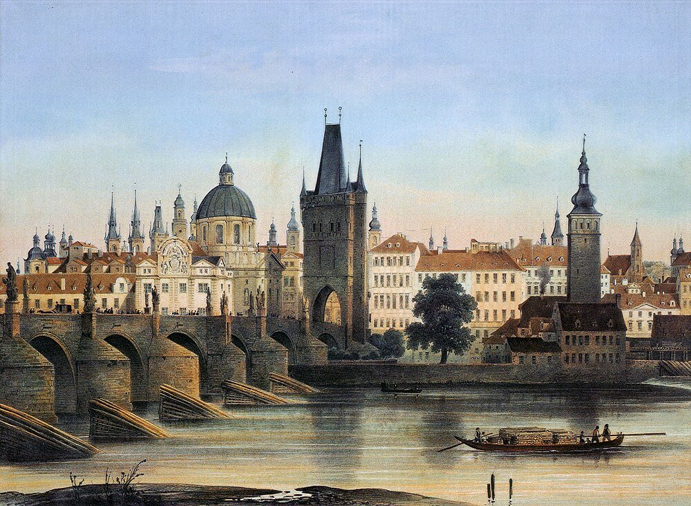 Historic European cityscape with stone bridge and towers Historic European cityscape with stone bridge, river, and medieval towers under a clear sky