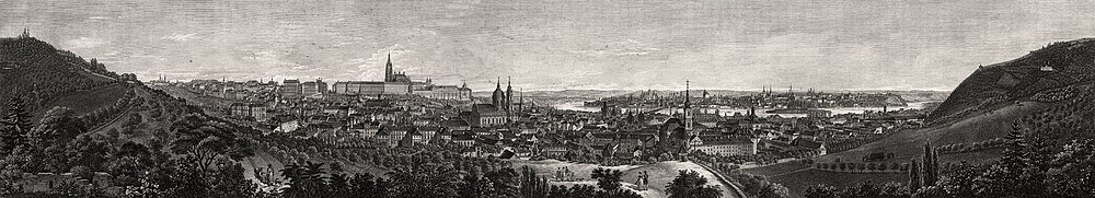 Historic panoramic cityscape engraving with hills Panoramic vintage engraving of a historic European cityscape with hills and detailed architecture