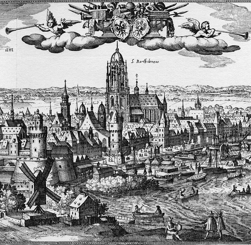 Historic European cityscape engraving with cathedral and harbor Detailed vintage engraving of a historic European cityscape with a large cathedral, windmill, and river harbor scene