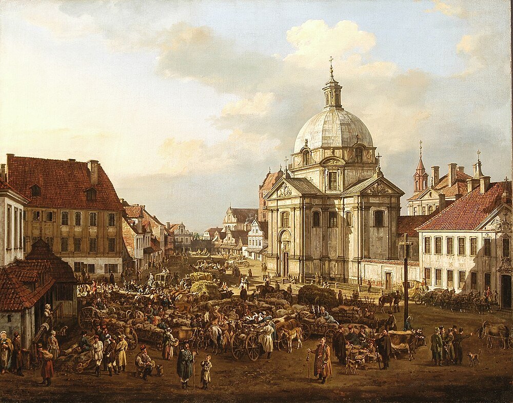 Historic European Market Square with Domed Church Historic European town square bustling with market activity, horse-drawn carts, and a large domed church under a cloudy sky