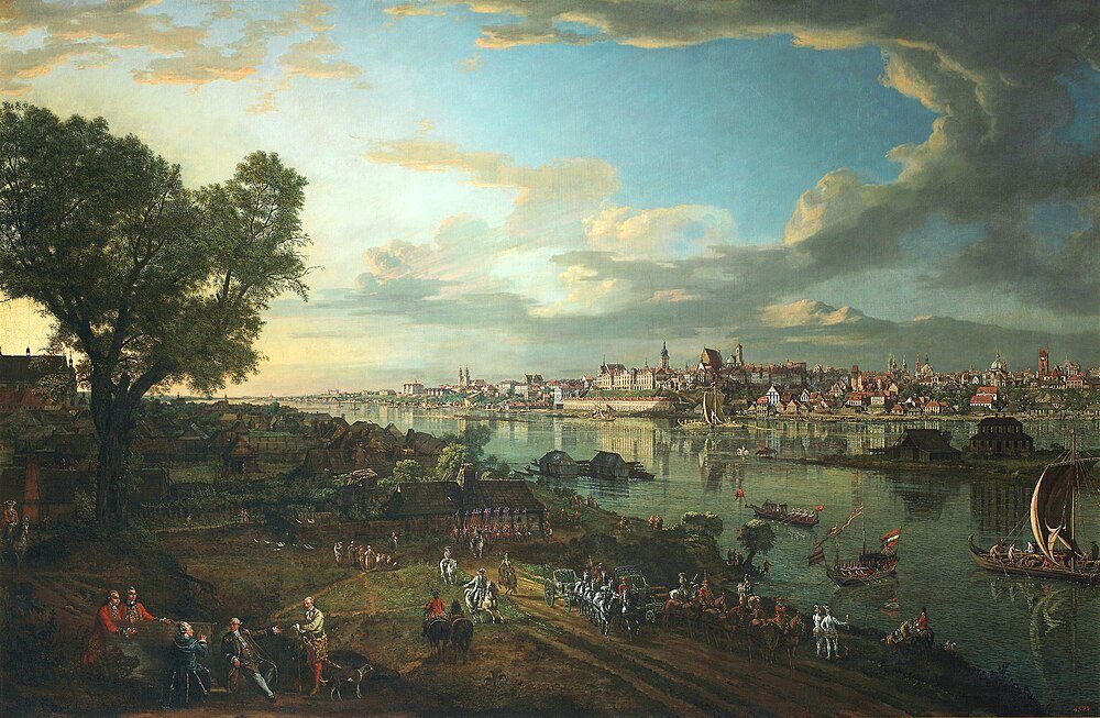 Historic European riverside cityscape with boats and riders Historic panoramic view of a European riverside city with boats, horse riders, and people in 18th-century attire