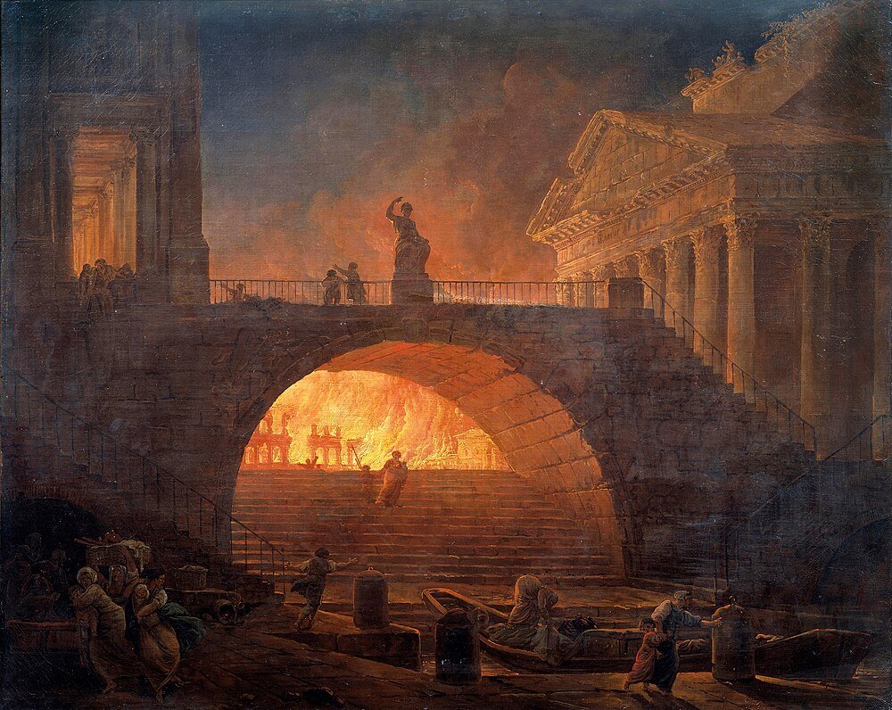 Historic fire scene near stone bridge and classical building Historic painting of a dramatic fire under a stone bridge near classical architecture with people evacuating by boat