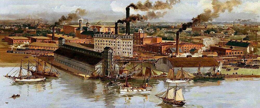 Historic Industrial Waterfront with Factories and Ships Historic industrial waterfront scene with factories, smokestacks emitting smoke, and sailing ships on the water