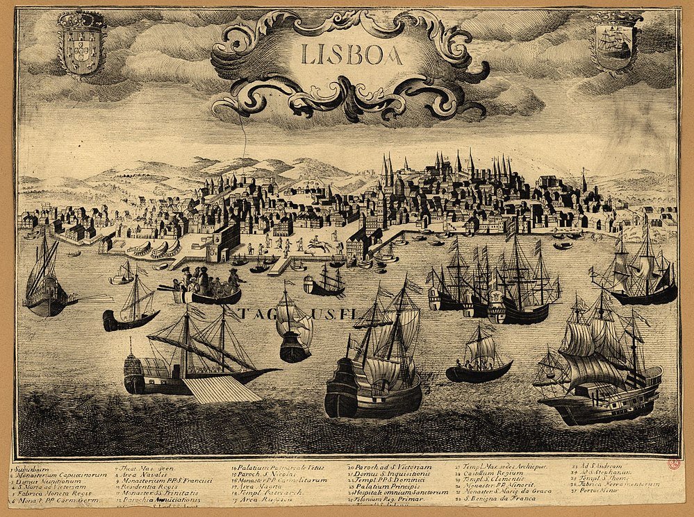 Historic engraving of Lisbon city and Tagus River with ships Vintage detailed engraving of Lisbon cityscape with historic ships in the Tagus River and old buildings in the background