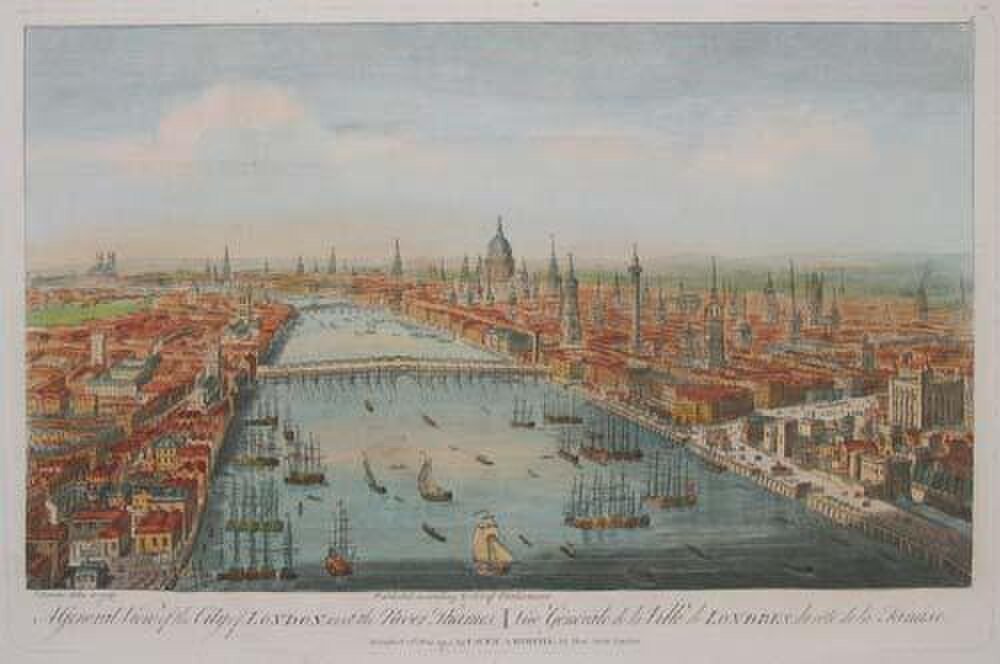 Historic London Cityscape with River Thames and Ships Historic panoramic view of London city with River Thames, numerous sailing ships, and iconic buildings under a clear sky