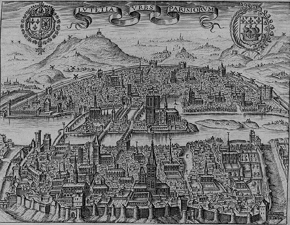 Engraved Map of Ancient Paris Lutetia Parisiorum Historic black and white map engraving of Lutetia Parisiorum, ancient Paris city with detailed buildings and city walls