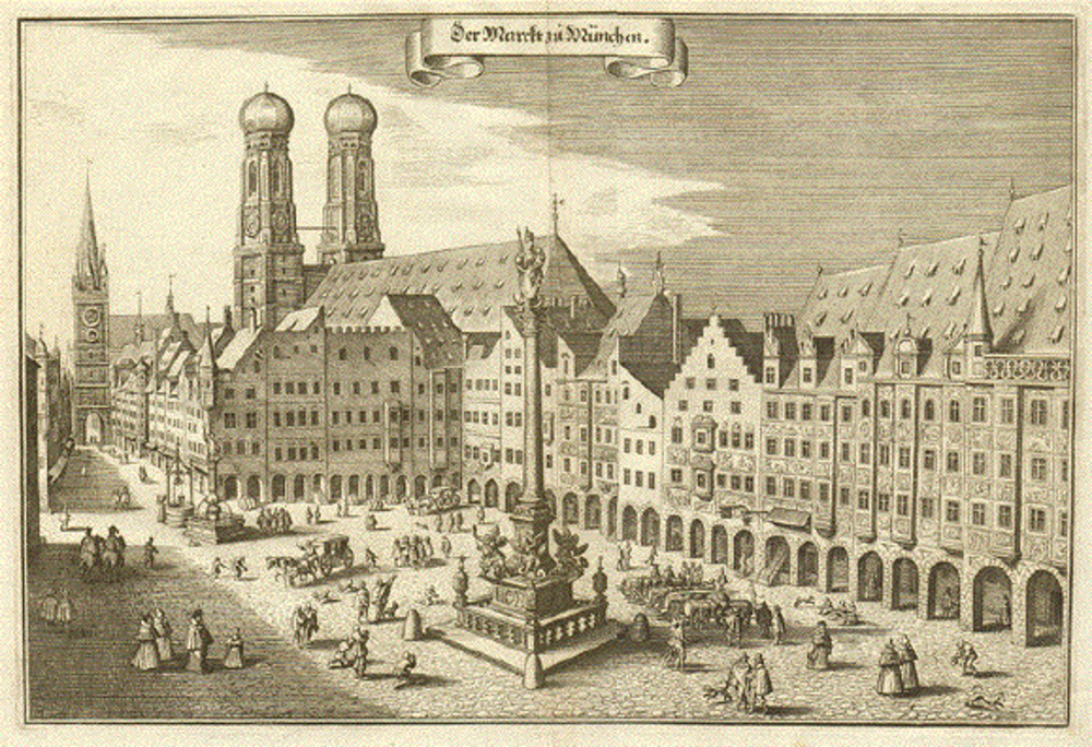 Historic engraving of Munich's Marienplatz square Historic engraving of Munich's Marienplatz square with Frauenkirche church and old buildings, bustling with people and carriages.