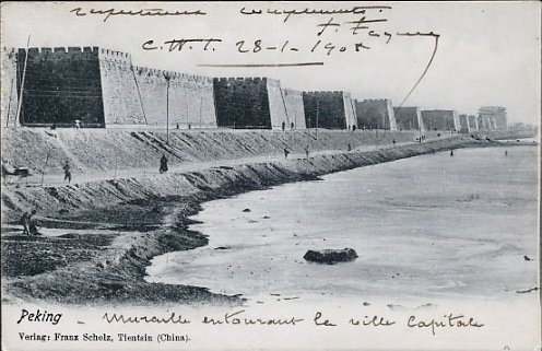 Historic Peking city wall waterfront photo Historic black and white photo of Peking city wall along waterfront with handwritten notes, early 20th century China