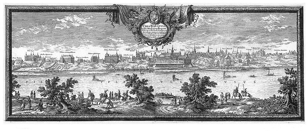 17th Century Engraving of Warsaw Cityscape Historic panoramic engraving of Warsaw cityscape with Vistula River and detailed architectural landmarks from the 17th century
