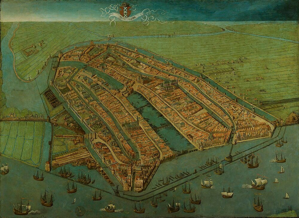 Historical Amsterdam city map with canals and ships Historical aerial view painting of Amsterdam city with canals, old buildings, and sailing ships in the harbor