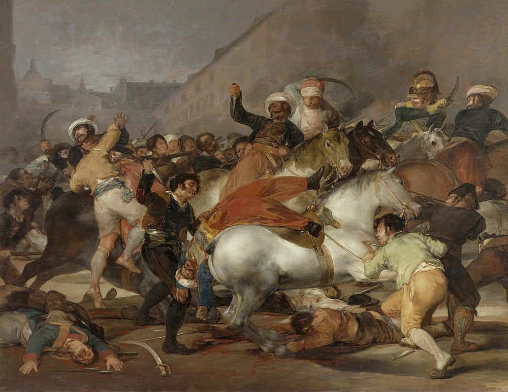 Historical Battle Scene with Horsemen and Swords Historical battle scene with soldiers fighting on horseback wielding swords and scimitars in chaotic street combat