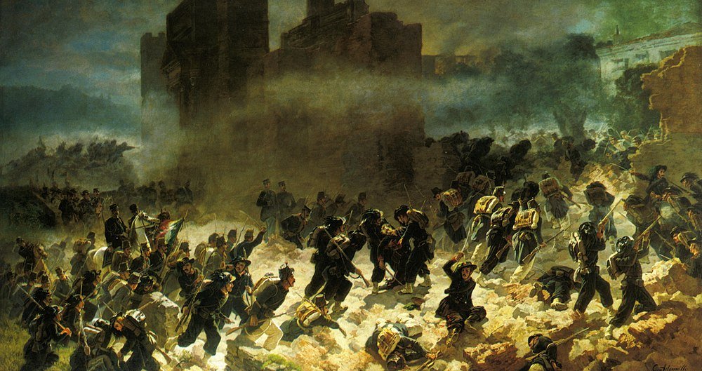 Historical Battle Scene with Soldiers in Ruins Historical battle scene with soldiers advancing through smoke and ruins during a fierce conflict in a war setting