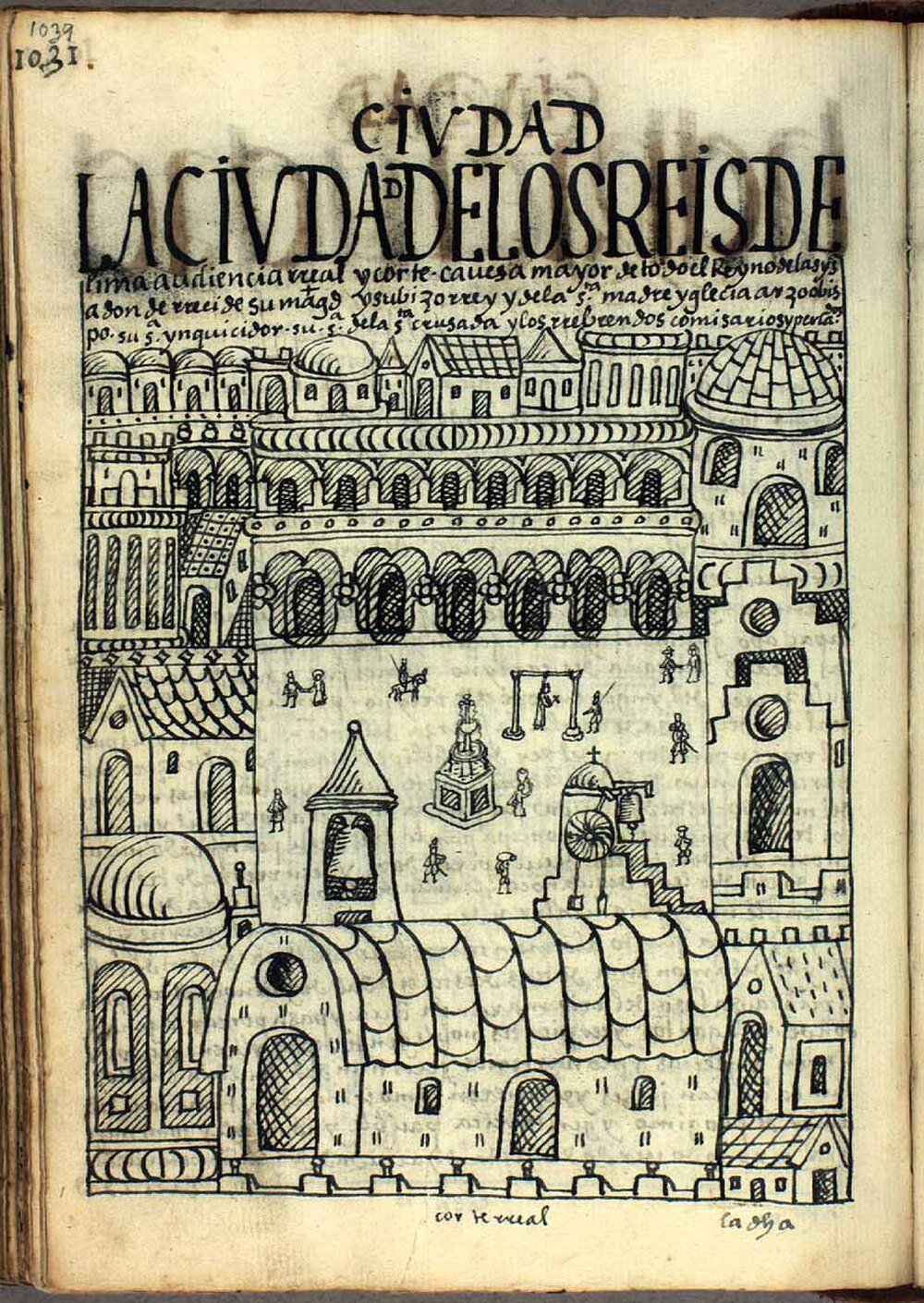 Historical Drawing of Ciudad de los Reyes Historical black and white drawing of a royal city with detailed architecture and people, titled Ciudad de los Reyes