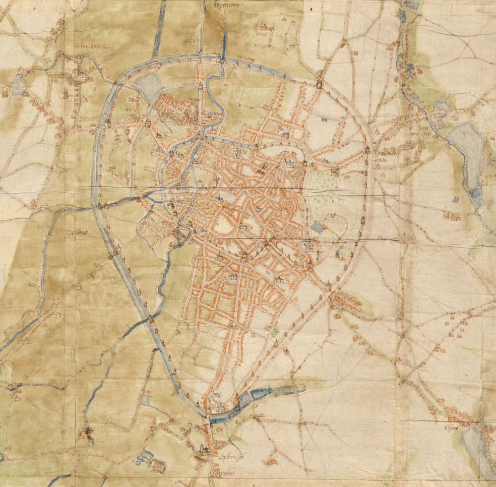 Antique hand-drawn fortified city map Historical hand-drawn map of a fortified city with detailed streets, waterways, and surrounding areas from an old manuscript.
