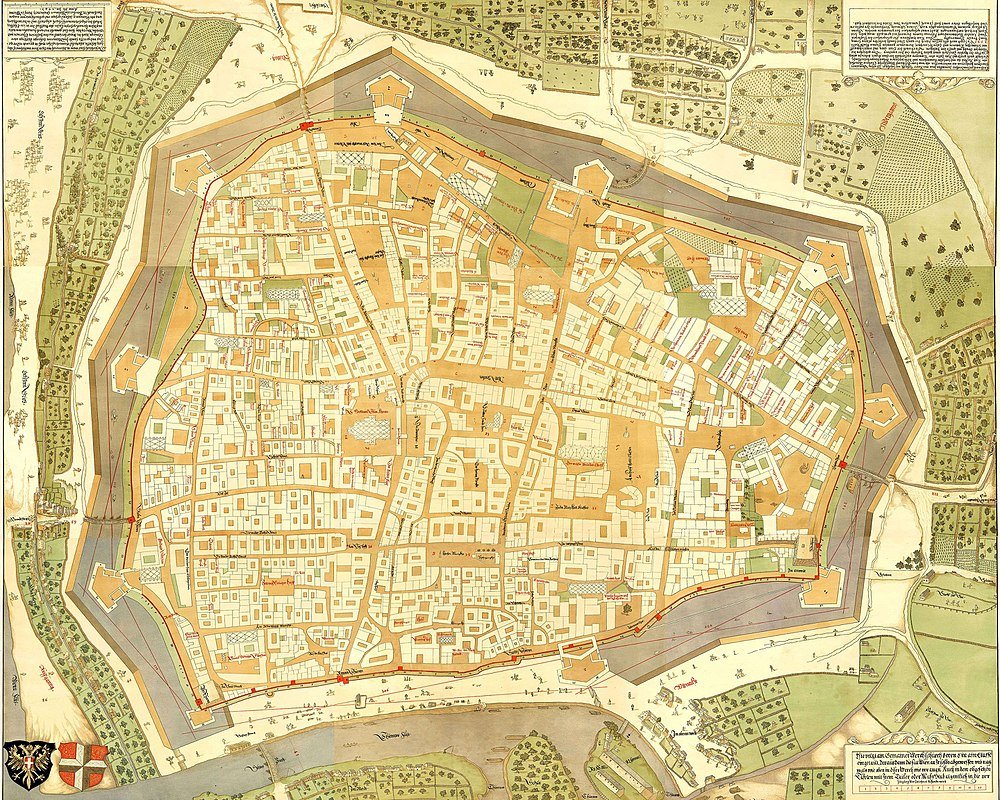Historical fortified medieval city map with streets and walls Detailed historical map of a fortified medieval city with walls, streets, buildings, and surrounding greenery and water bodies