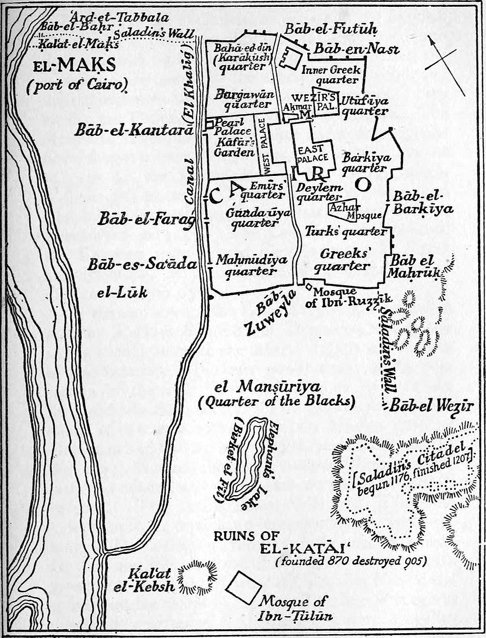 Historical map of El-Maks port and Cairo quarters Historical map of El-Maks port of Cairo showing quarters, palaces, mosques, and Saladin's Citadel from medieval times