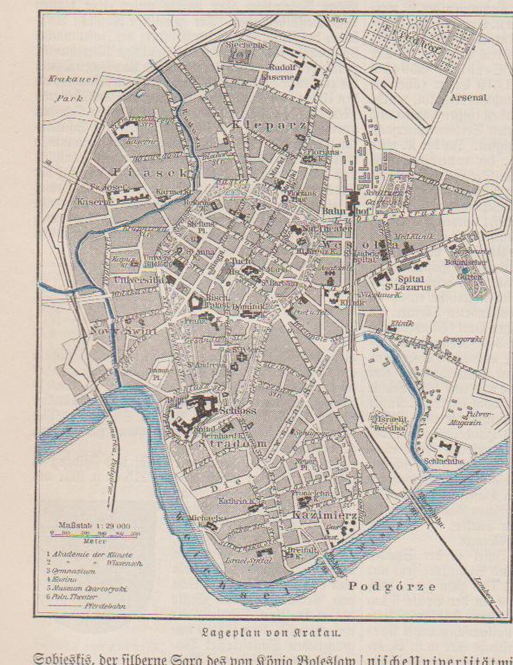 Historical map of Krakau city with landmarks Historical map of Krakau showing districts, landmarks, rivers, and streets with detailed annotations in German.