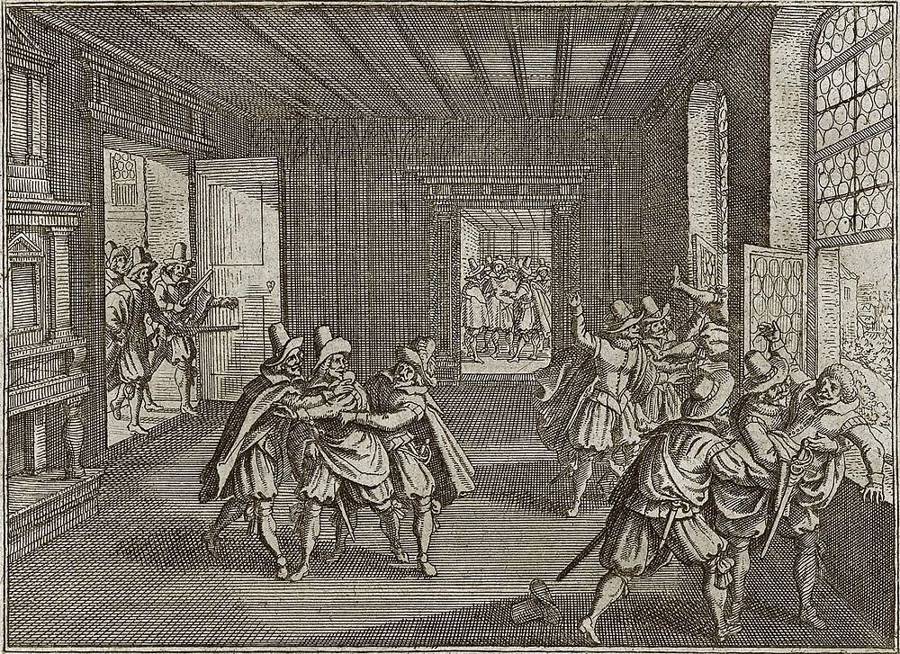 Engraving of men in period clothing confronting indoors Historical engraving depicting a dramatic scene of men in period clothing engaged in a confrontation inside a large room.
